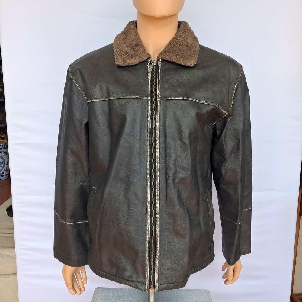 Men's vintage Leather Jacket Mangoon M dark brown featuring a sherpa collar